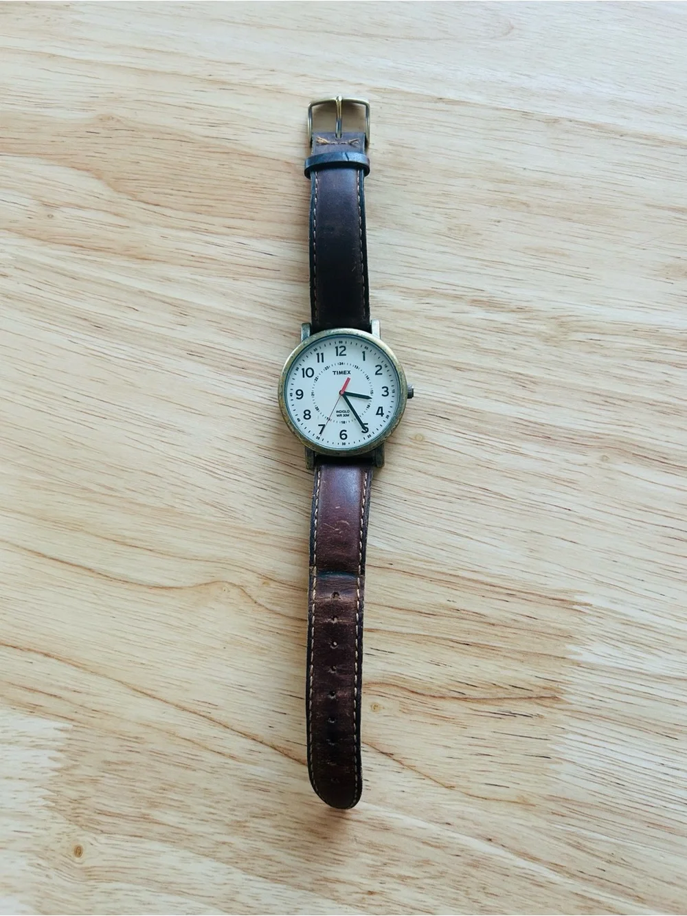 Timex Indiglo Easy Reader White Dial Brown Leather Strap Quartz Watch Working